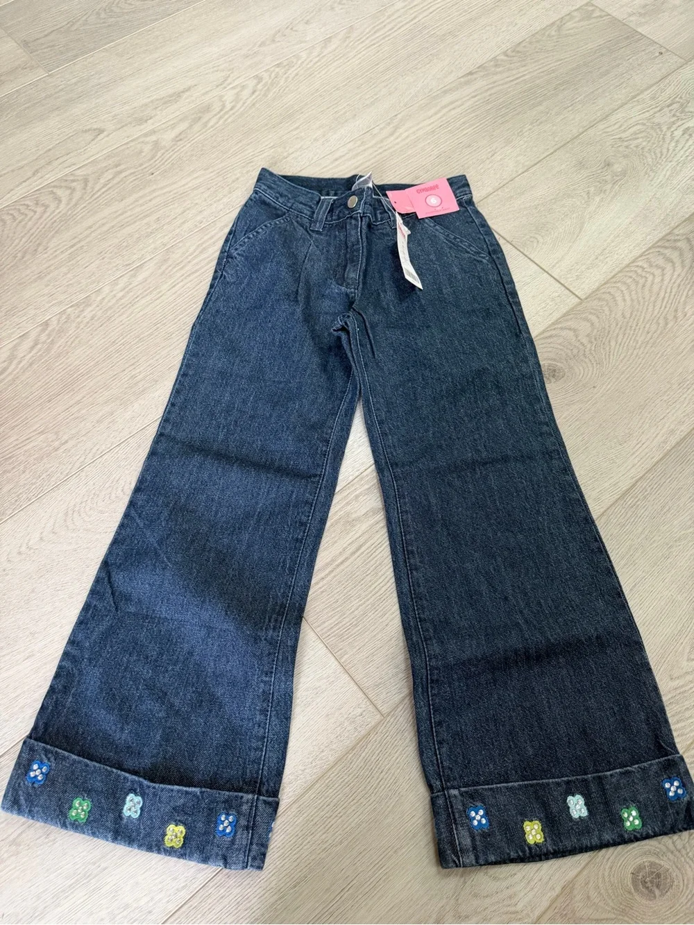 Gymboree Dark Blue Wide-Leg Jeans with Embroidered Floral Hem